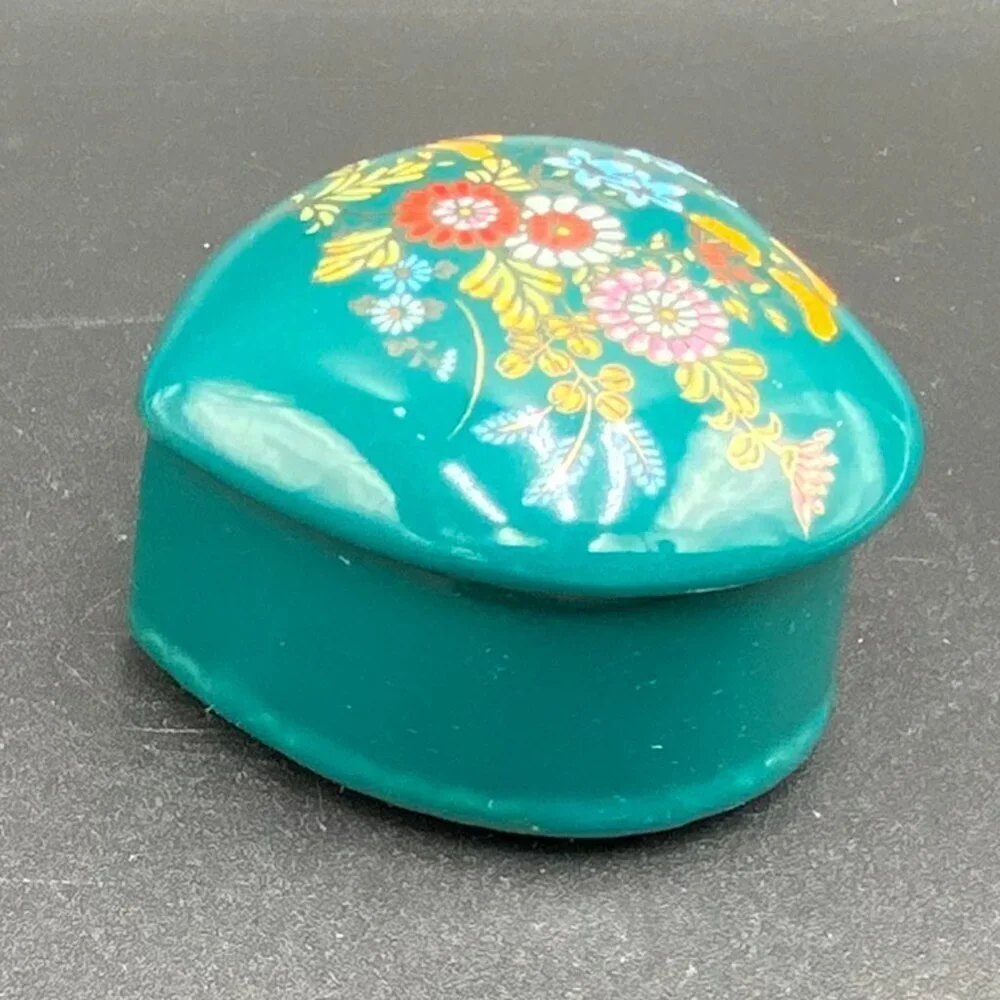 Teal Hand Painted Floral Heart Porcelain Trinket Box Made in Japan